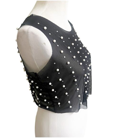 Oppa Pearl Rhinestone Sheer Mesh Crop Top Sexy See Through Short Sleeve NWT S - Picture 3 of 11